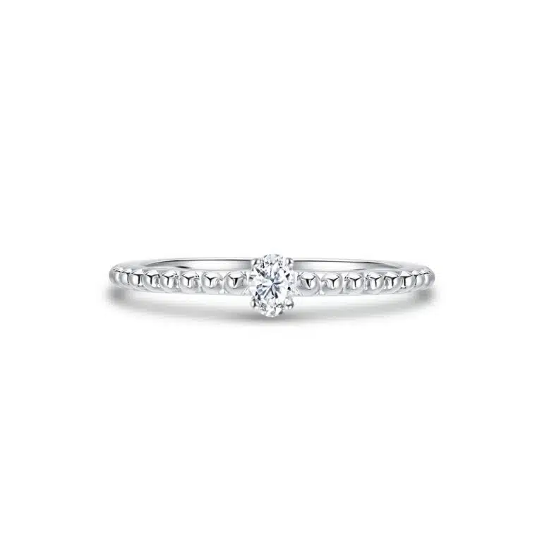 Crystal Shine 10K Diamond Ring, crafted in white gold, featuring a delicate beaded band with a brilliant 0.09ct oval lab-grown diamond.