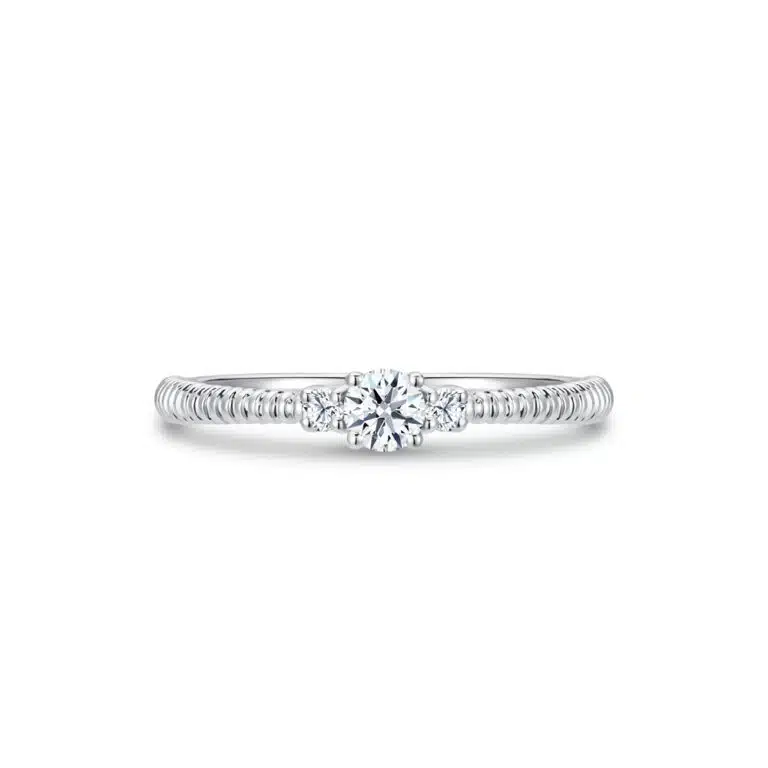 Pure Beauty Lux 10K Diamond Engagement Ring, crafted in white gold, featuring a trio of sparkling lab-grown diamonds with a 0.12ct center stone and 0.04ct side stones, set on a textured rope-inspired band.