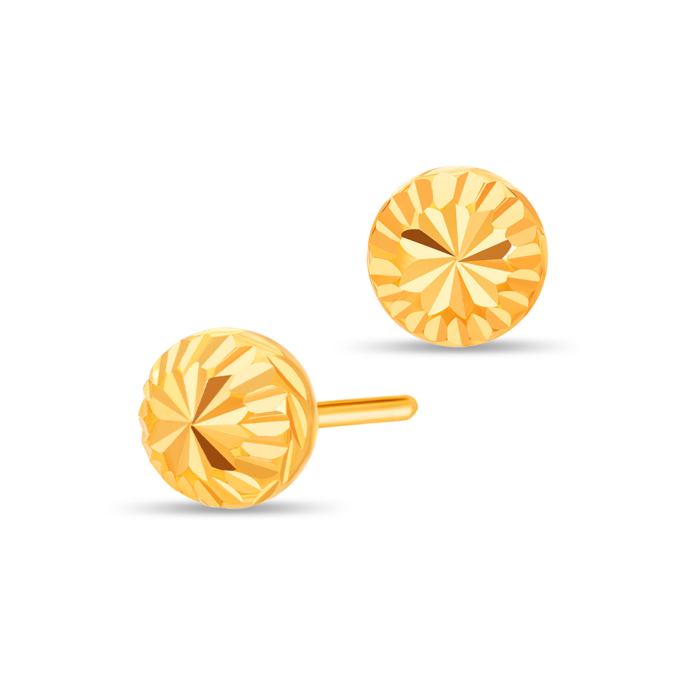 Radiant Gleam 916 Gold Stud Earrings in yellow gold, featuring a round diamond-cut design with butterfly backing