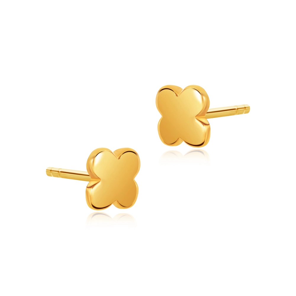 SK 916 Dainty Clover Gold Stud Earrings in yellow gold, featuring a smooth clover-shaped design crafted from 916 gold