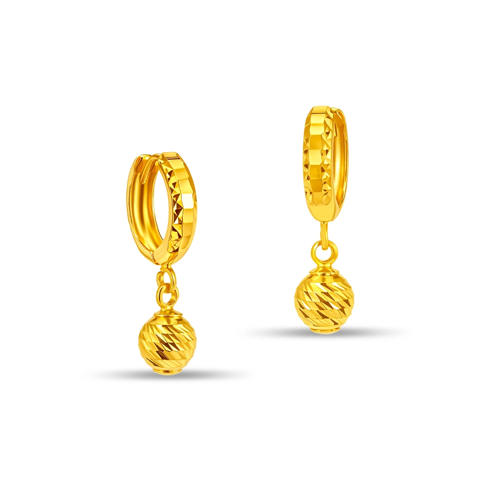 Twistlight 916 Gold Dangle Hoop Earrings in yellow gold, featuring faceted hoops paired with textured bead charms that shimmer with movement 