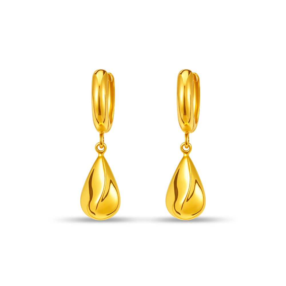 Teardrop Bloom 916 Gold Dangle Earrings featuring polished yellow gold teardrop charms suspended from classic hoops 