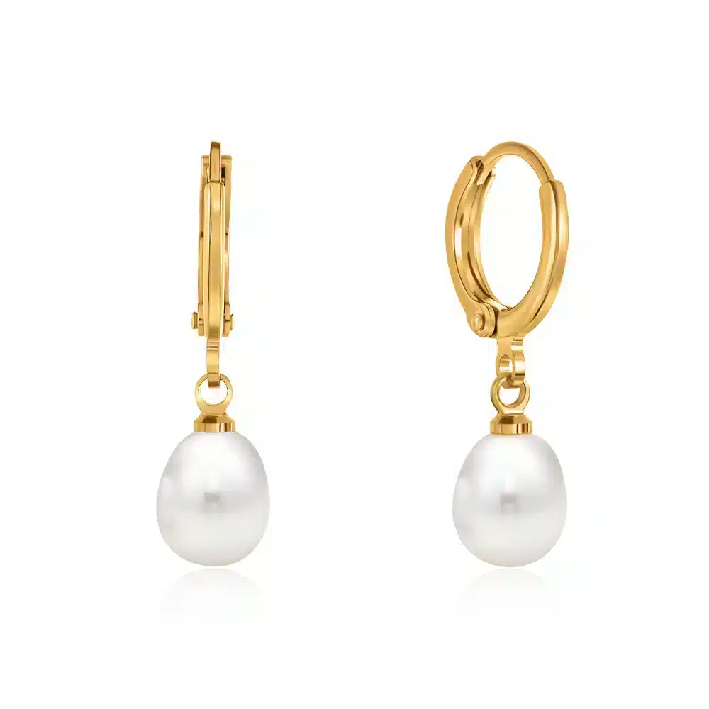 Luxe Golden Hoop Pearl Earrings featuring gold-plated 925 silver hoops with dangling white freshwater pearls
