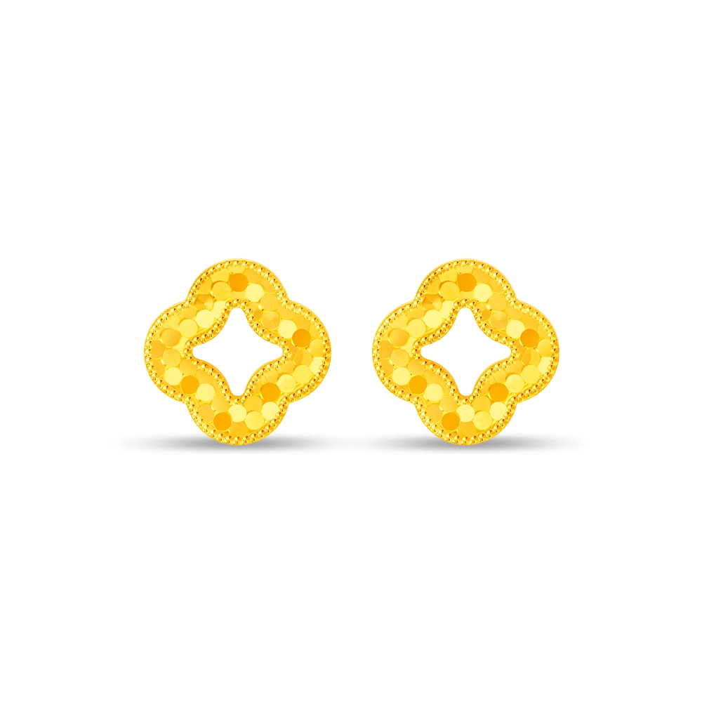 Luxe Clover 999 Pure Gold Stud Earrings in yellow gold, featuring a faceted four-leaf clover design 