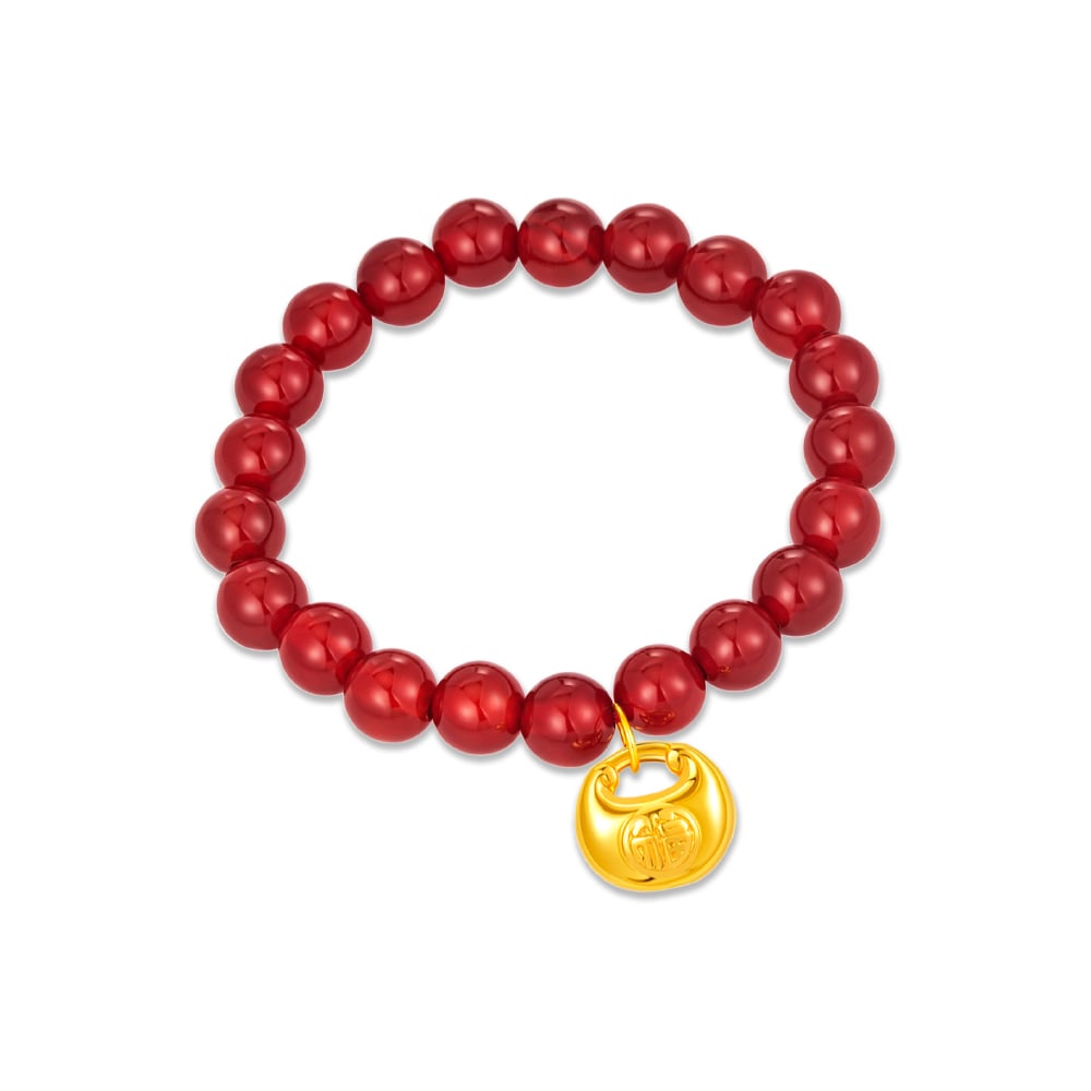 Longevity Lock 999 Pure Gold Charm Red Agate Bead Bracelet in 999 Pure Gold - SK Jewellery