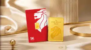 Jongkong emas Merlion SK Jewellery dengan cap FINE GOLD 999.9