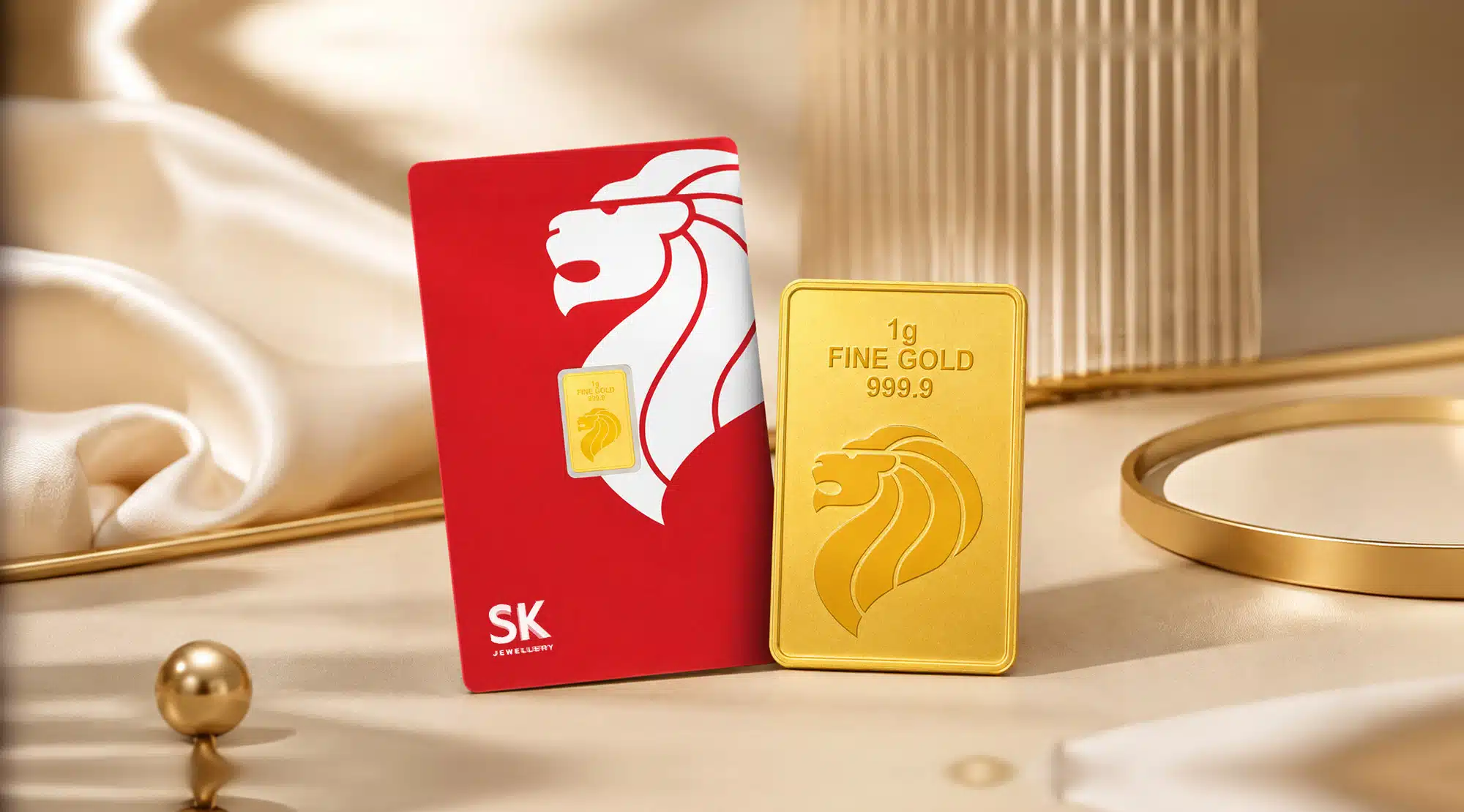 Jongkong emas Merlion SK Jewellery dengan cap FINE GOLD 999.9