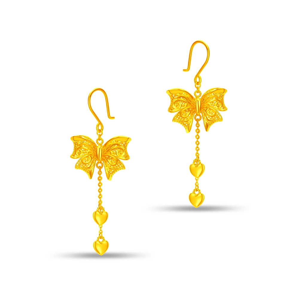 Love Flutter 999 Pure Gold Dangle Earrings