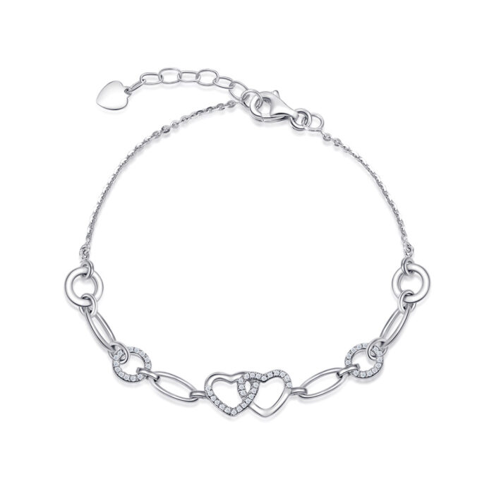 SK JEWELLERY 10K WHITE GOLD BRACELET SIMPLE CHAINED DESIGN WITH INTERTWINED HEARTS AND DIAMONDS WOMEN'S BRACELET MALAYSIA