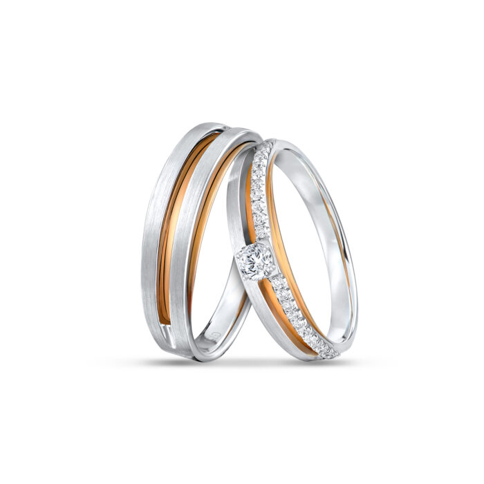 TRUE LOVE ONE AND ONLY COUPLE WEDDING RING Set in 18K White gold and rose gold. Women wedding band has a 0.07 carat diamond with 24 smaller diamonds totaling 0.10 carat weight