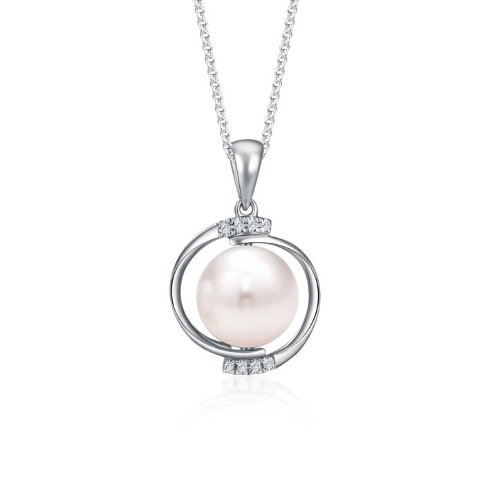 SK JEWELLERY LUCINDA PEARL NECKLACE PENDANT IN 10k WHITE GOLD and 8 diamonds