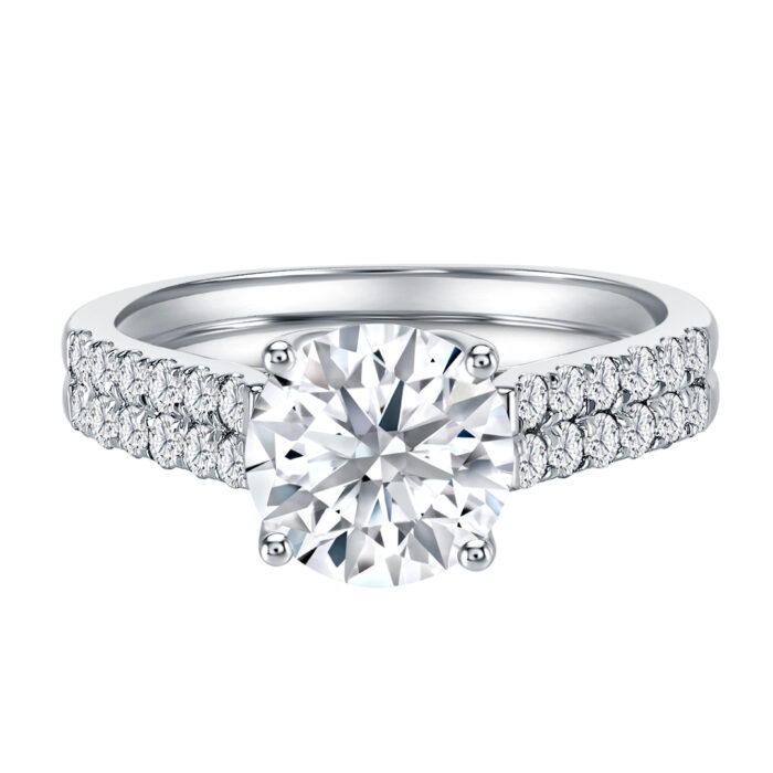 Classic Pave Diamond Ring - 18k white gold 4 prong round cut solitaire diamond ring with pave setting