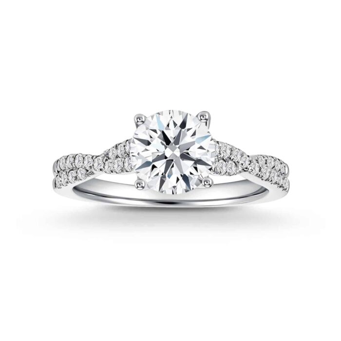 STAR CARAT GLAMOUR lab grown diamond soliatire is set in an elegant twisted setting paved with diamonds in 18K white gold.