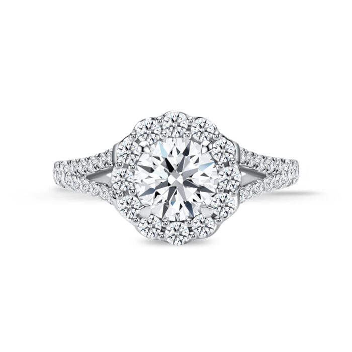 Star Carat Bloom Diamond Ring - Lab grown solitaire diamond ring with a flower shaped halo in white gold diamond pave setting