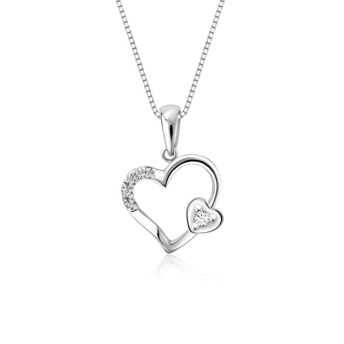 SK DIAMOND PENDANT PURE LOVE a heart shaped pendant with a mini heart sparkled by lab grown diamonds in 10k white gold NECKLACE FOR WOMEN