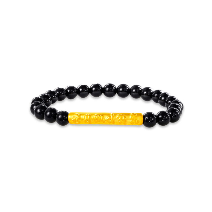 SK BRACELET FOR WOMEN 999 PURE GOLD MANTRA OF ILLUMINATION SLEEVE comes with a charm matched with 23 pieces of 6mm black agate beads