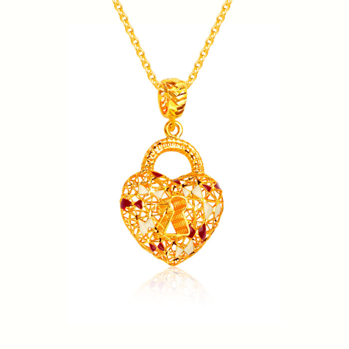 SK 916 ORO AMARE HEART LOCK GOLD PENDANT IN RED PENDANT & NECKLACE FOR WOMEN