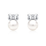 SK Jewellery Sweet Ribbon Precious Pearl Diamond Earrings in 10k white gold