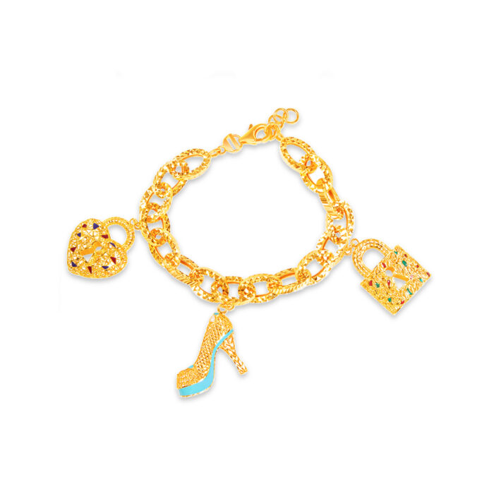 SK BRACELET FOR WOMEN ORO AMARE FANCY ROMANCE a chunky bracelet featuring dangling charms of a lock a high heel and a lock in a heart shape made in 916 gold