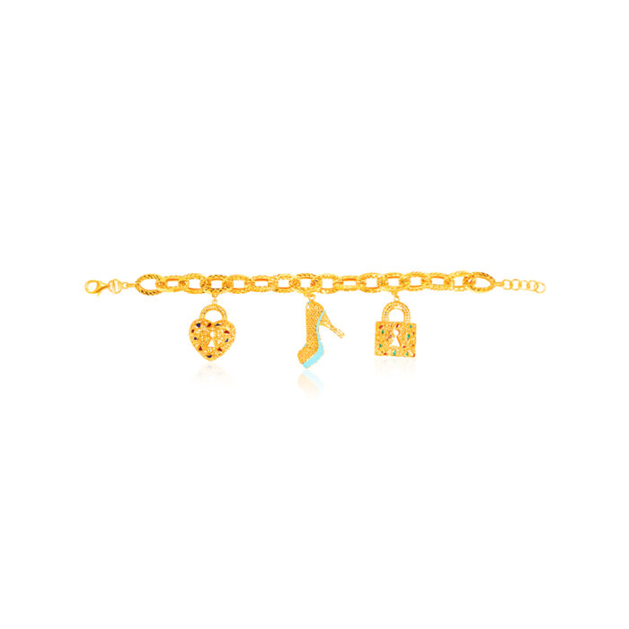 SK BRACELET FOR HER ORO AMARE FANCY ROMANCE a layout of the chunky bracelet featuring dangling charms of a lock a high heel and a lock in a heart shape made in 916 gold