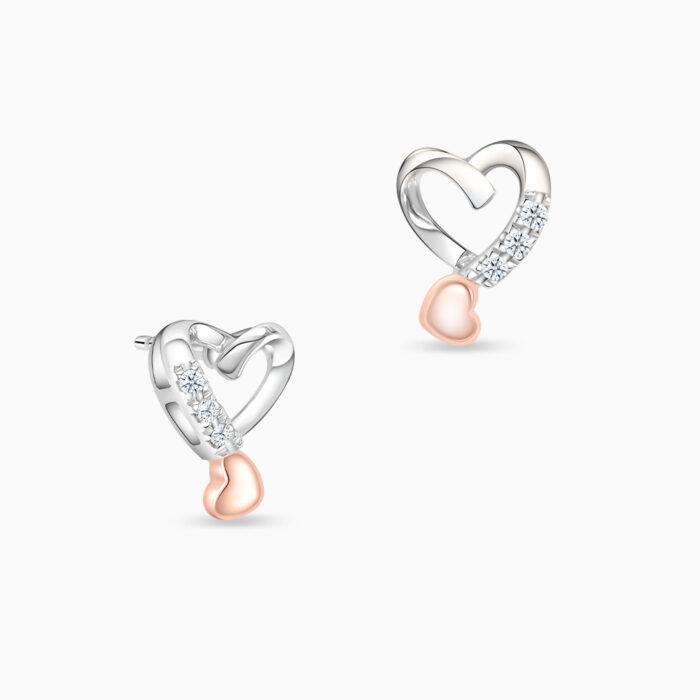 SK JEWELLERY 10K WHITE GOLD ROSE GOLD DOUBLE HEART DESIGN STUD EARRINGS FOR WOMEN MALAYSIA
