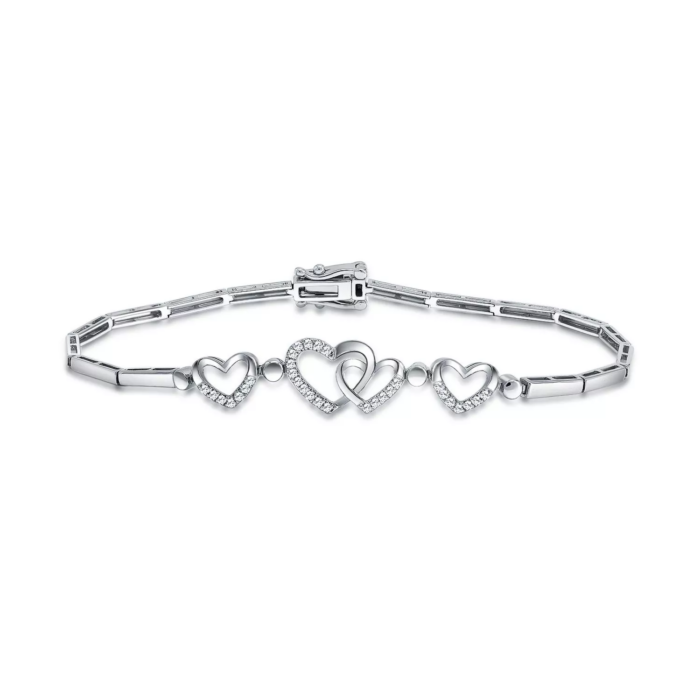 SK JEWELLERY 10K WHITE GOLD INTERTWINED HEARTS WITH SMALL HEARTS AND DIAMONDS WOMEN'S BRACELET