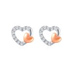 SK JEWELLERY 10K WHITE GOLD ROSE GOLD DOUBLE HEART DESIGN WITH DIAMONDS STUD EARRINGS FOR WOMEN MALAYSIA