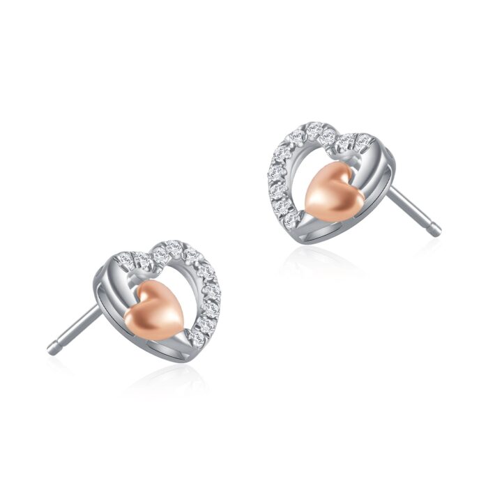 SK JEWELLERY 10K WHITE GOLD ROSE GOLD DOUBLE HEART DESIGN WITH DIAMONDS STUD EARRINGS FOR WOMEN MALAYSIA
