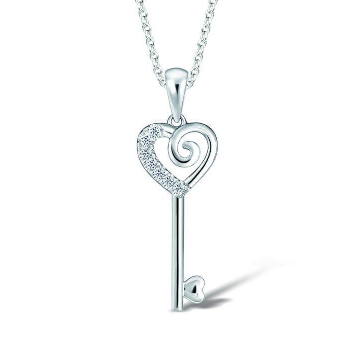 SK DIAMOND PENDANT HEART ASWIRL KEY STARLETT a key shaped pendant with a heart on top sparkled by lab grown diamonds in 10k white gold NECKLACE FOR WOMEN