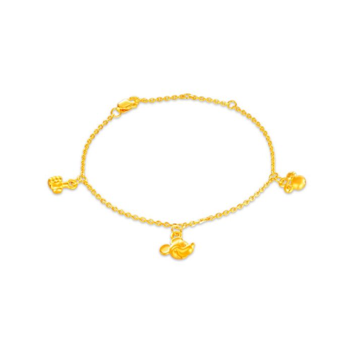 SK BRACELET FOR WOMEN MICKEY MOUSE SET 999 PURE GOLD a unique bracelet featuring three charms of mickey his glove and his iconic 3d silhouette in 999 pure gold