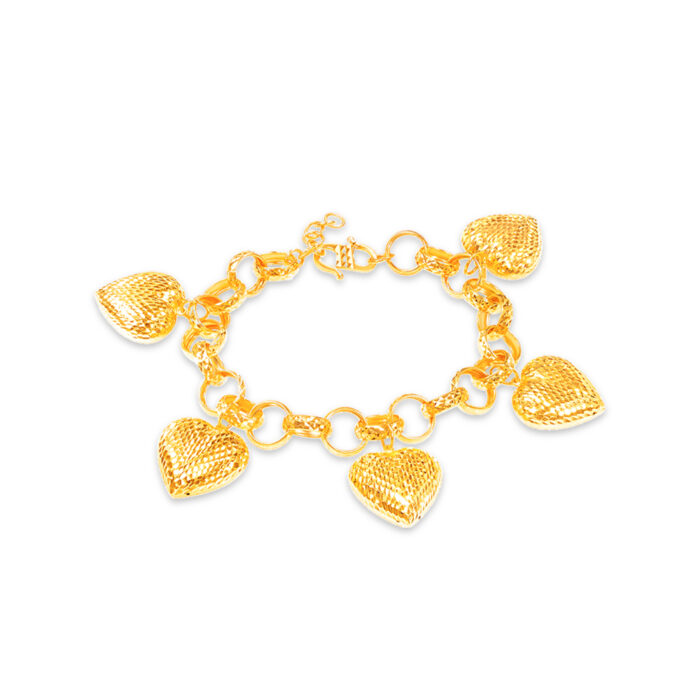 SK BRACELET FOR WOMEN ORO AMARE GLORIOUS LOVE a beautiful chunky bracelet with dangling heart shaped charms made in 916 gold