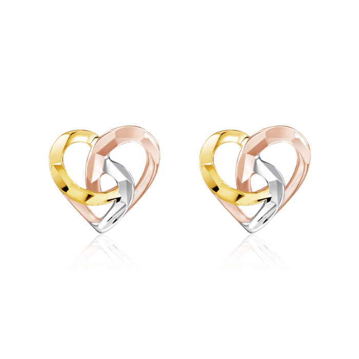 SK SUBANG EMAS dalam bentuk hati dibuat dengan emas kuning emas putih dan emas mawa 14k TRIQUETRA HEART