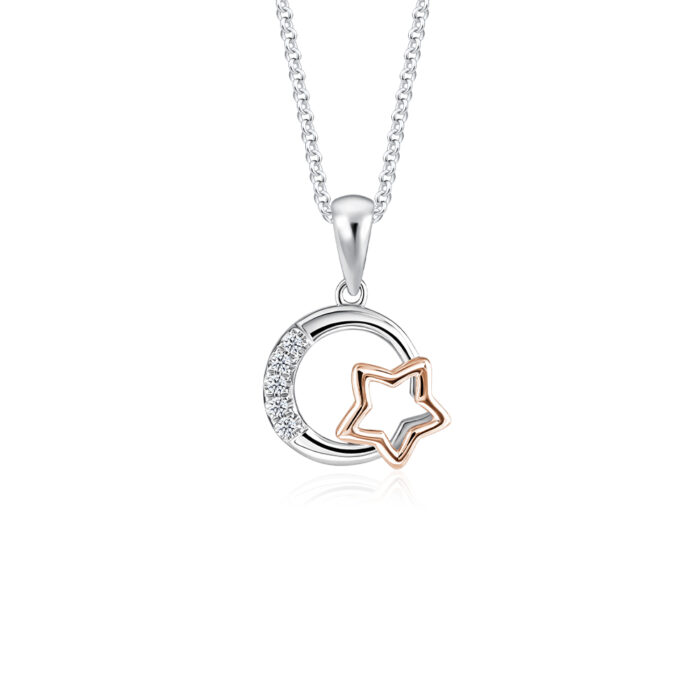 SK DIAMOND PENDANT STELLAR LUNA featuring a star in the sphere of a moon in 10k white gold and rose gold featuring diamonds NECKLACE FOR WOMEN