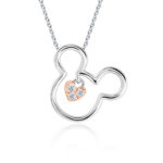 SK DIAMOND PENDANT LOVE MICKEY a mickey mouse head shaped pendant with a mini heart hanging inside mickey's head in 10k white gold and rose gold with three lab grown diamonds NECKLACE FOR WOMEN