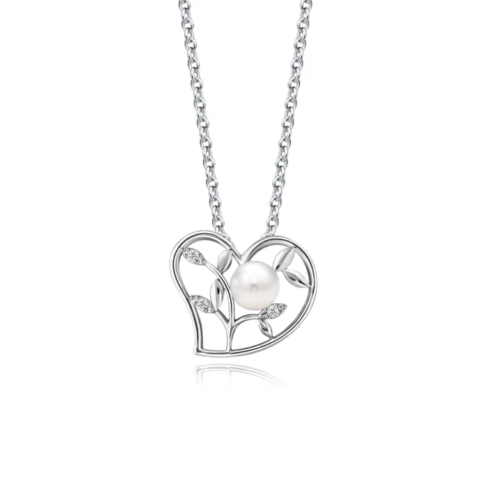 SK PENDANT PICTURESQUE a pendant that frame flora by a heart with a lustrous freshwater pearl and lab grown diamonds in 10k white gold NECKLACE FOR WOMEN