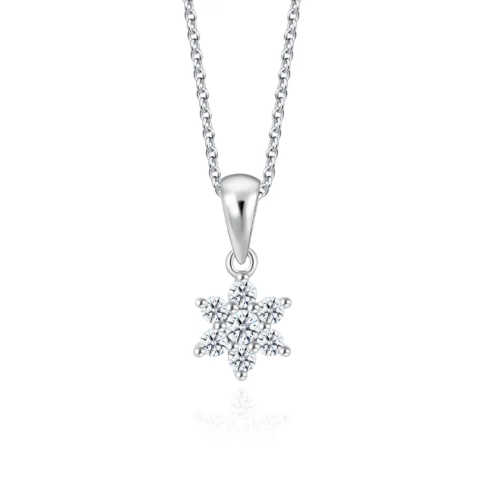 SK Jewellery Starry Blossom 10k white gold diamond pendant & diamond necklace for woman, featuring seven diamonds arranged in a flower formation. Comes with 10k white gold chain.