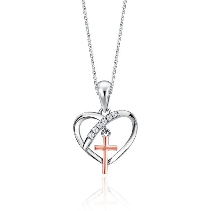 SK DIAMOND PENDANT STARLETT ABODE OF HEART a cross pendant with a heart shaped pendant sparkled by lab grown diamonds in 10k rose gold and white gold NECKLACE FOR WOMEN