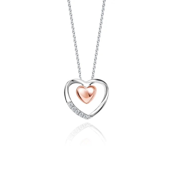 SK DIAMOND PENDANT DUAL HEART a heart pendant with a mini rose gold heart inside featuring lab grown diamonds in 10k white gold NECKLACE FOR WOMEN