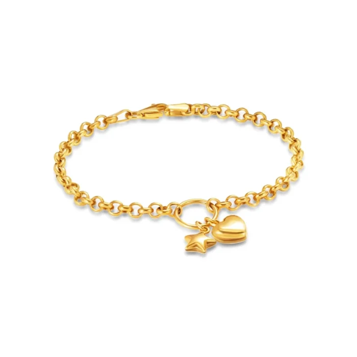 SK BRACELET FOR WOMEN STARRY LOVE chunky rolo chain bracelet with a set of dangling heart and star charms in 916 gold