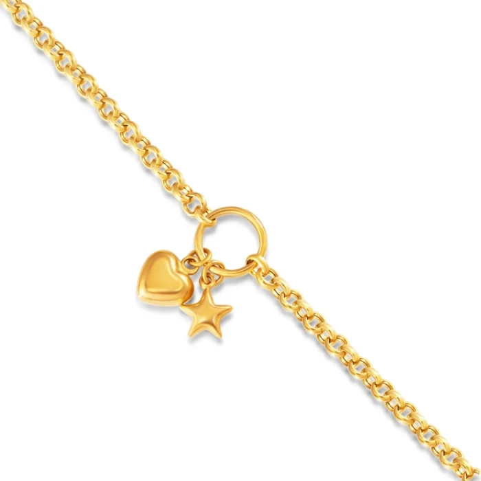 SK BRACELET FOR WOMEN STARRY LOVE close up of the dangling heart and star charms in 916 gold