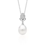 SANDRA Dangling Fresh Water PEARL NECKLACE & PENDANT with 10k white gold chain and lab grown diamond