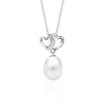 TWIN HEARTS sweet dangling freshwater PEARL PENDANT & NECKLACE with 10k white gold chain and lab grown diamond