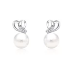 LOVE SIGN two delicate hearts PEARL STUD EARRINGS with 10k white gold