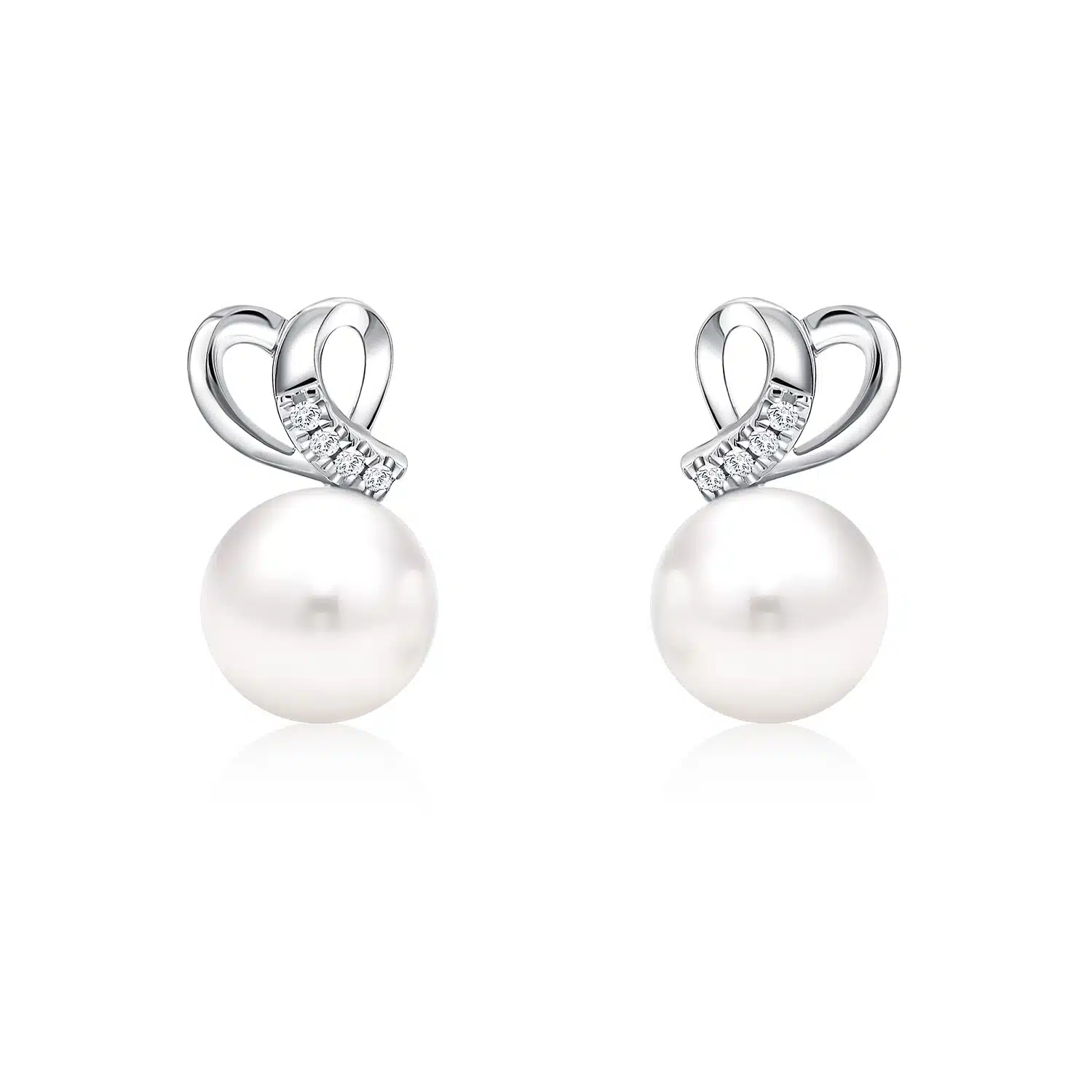 LOVE SIGN two delicate hearts PEARL STUD EARRINGS with 10k white gold