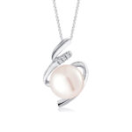 ELEGANT grand swirling design framing a precious PEARL NECKLACE & PENDANT with 10k white gold chain and lab grown diamond