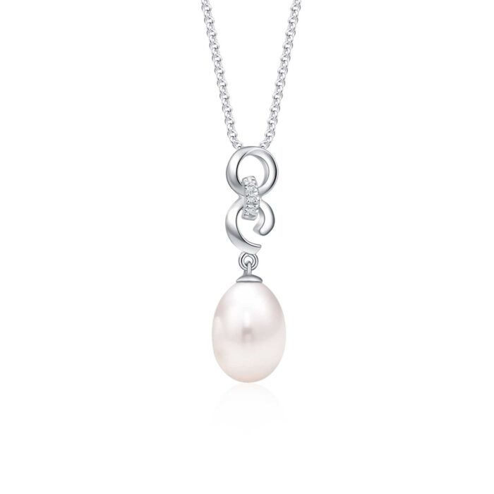 ELEGANCE timeless PEARL PENDANT & NECKLACE with 10k white gold chain and 3 diamonds