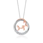 SK DIAMOND PENDANT LEAF VINE CIRCLE featuring a leafy vine in 10k rose gold curled around a circle frame in 10k white gold with lab grown diamonds NECKLACE FOR WOMEN