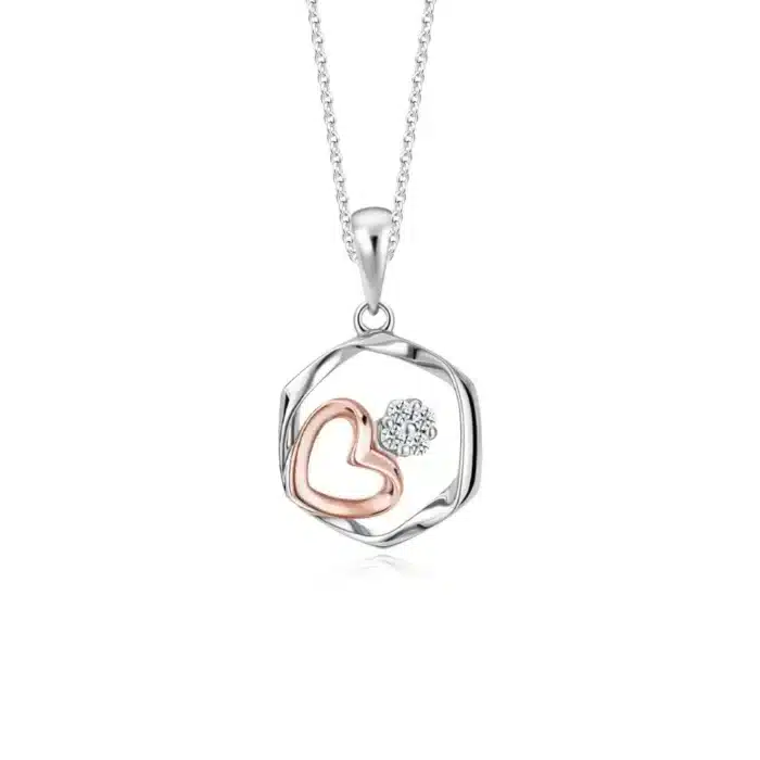SK DIAMOND PENDANT PROMISE RING a hexagonal pendant with a heart shaped ring inside in 10k white gold and rose gold featuring lab grown diamonds NECKLACE FOR WOMEN