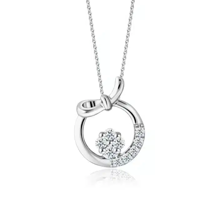 SK DIAMOND PENDANT PROMISE KNOT a ribbon tied in the shape of a circle with lab grown diamonds in 10k white gold NECKLACE FOR WOMEN