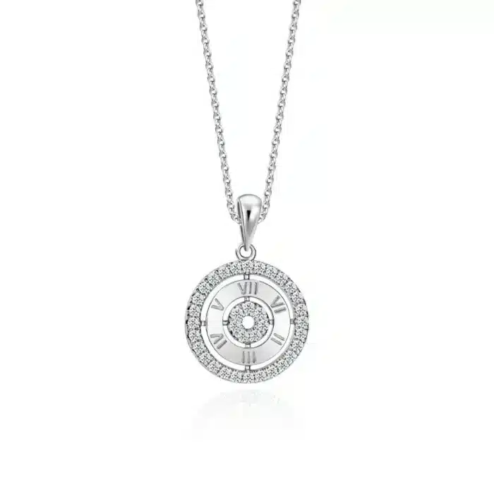 SK DIAMOND PENDANT CASSIA a circular pendant with roman numerals highlighted by lab grown diamonds in 10k white gold NECKLACE FOR WOMEN